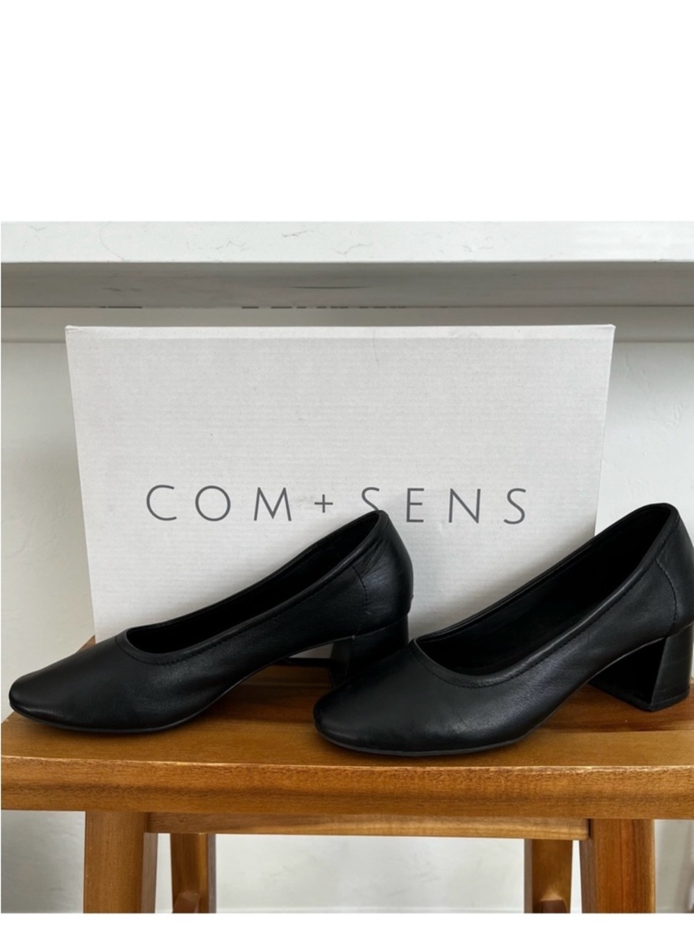 COM+SENS Womens 6.5 Lucianie Black Round Toe Soft Leather Block Heel Pump